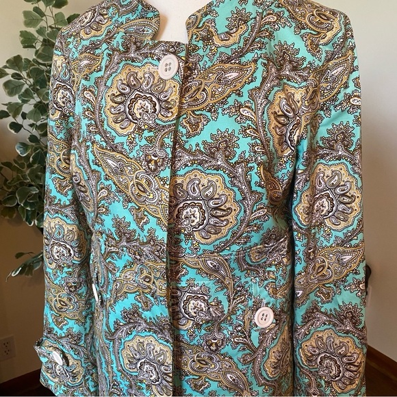 ETCETERA • Aqua Gold Paisley Button Front Long Jacket Coat • Size 8 - Picture 2 of 11